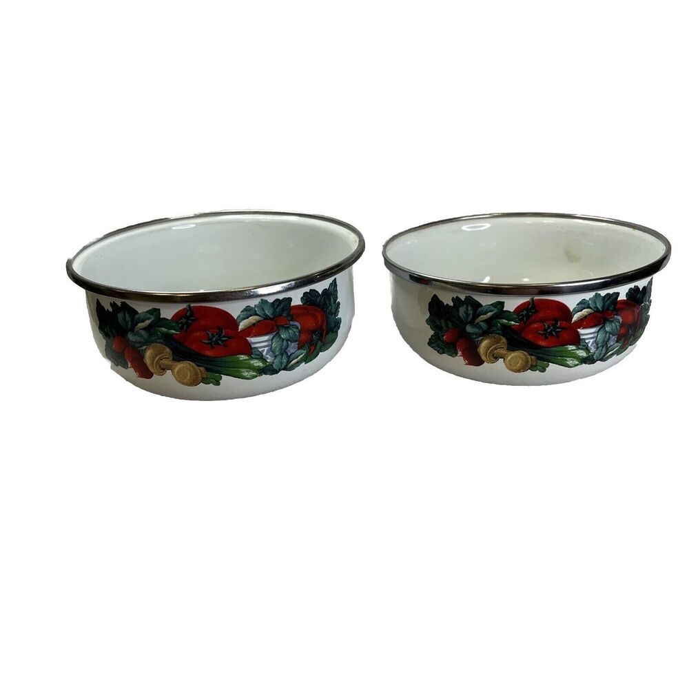 Vintage‎ GMI Enamel Metal Nesting Vegetable pattern Mixing Bowls No Lid Set Of 2